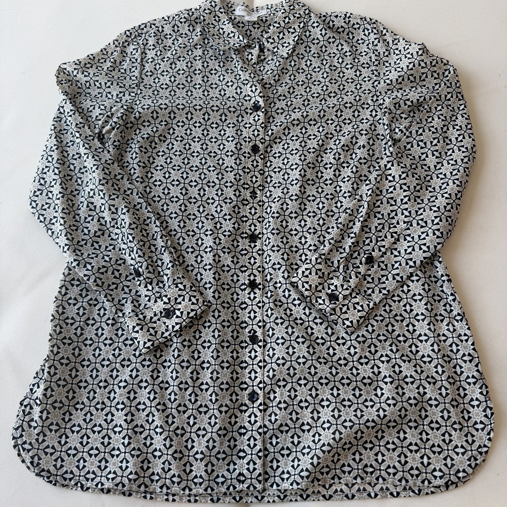 Coldwater Creek Women's M Button Down Tunic Shirt  Cotton Tan Black Coastal Chic